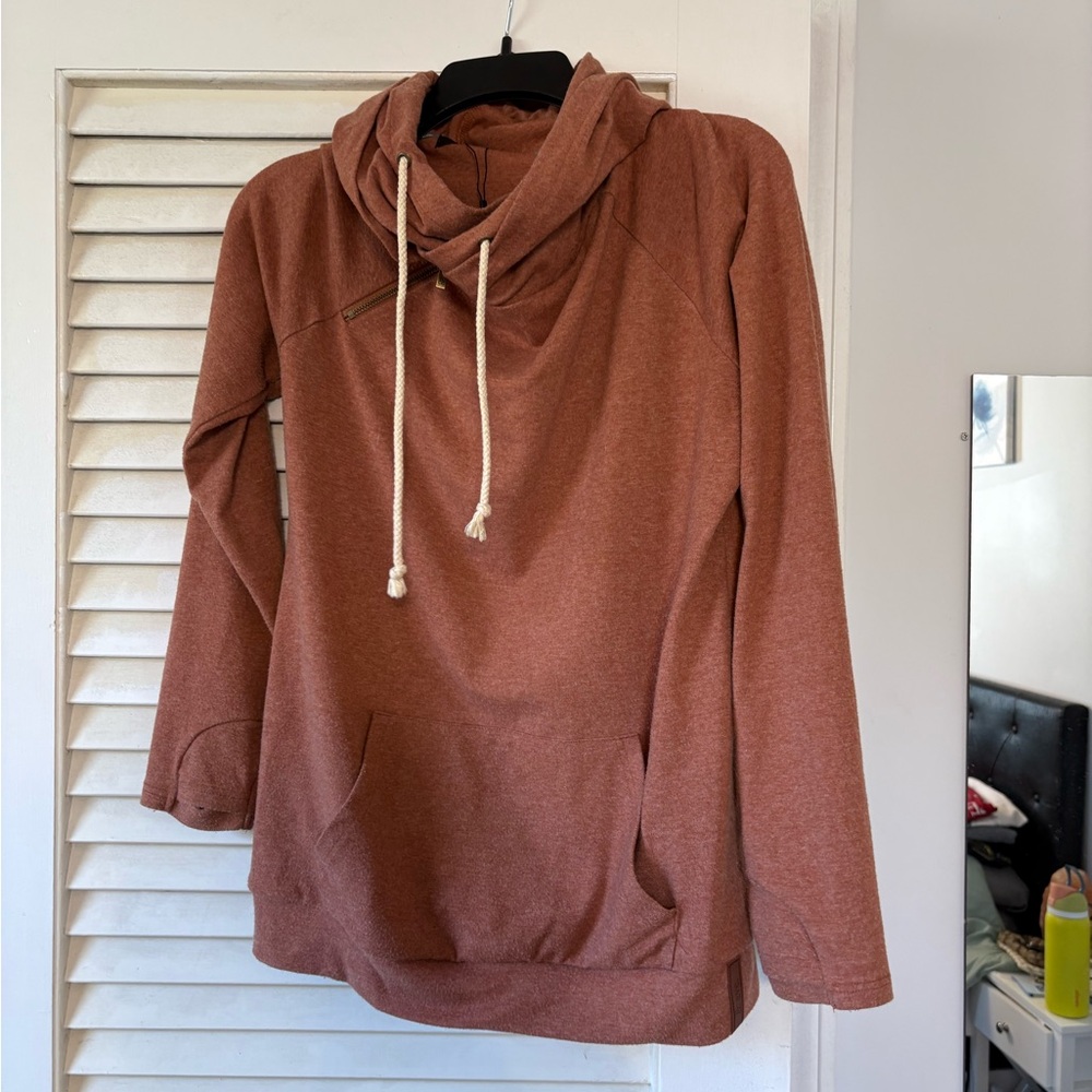 AMPERSAND AVE Rust Cozy Funnel Neck Hoodie Double Hood Medium